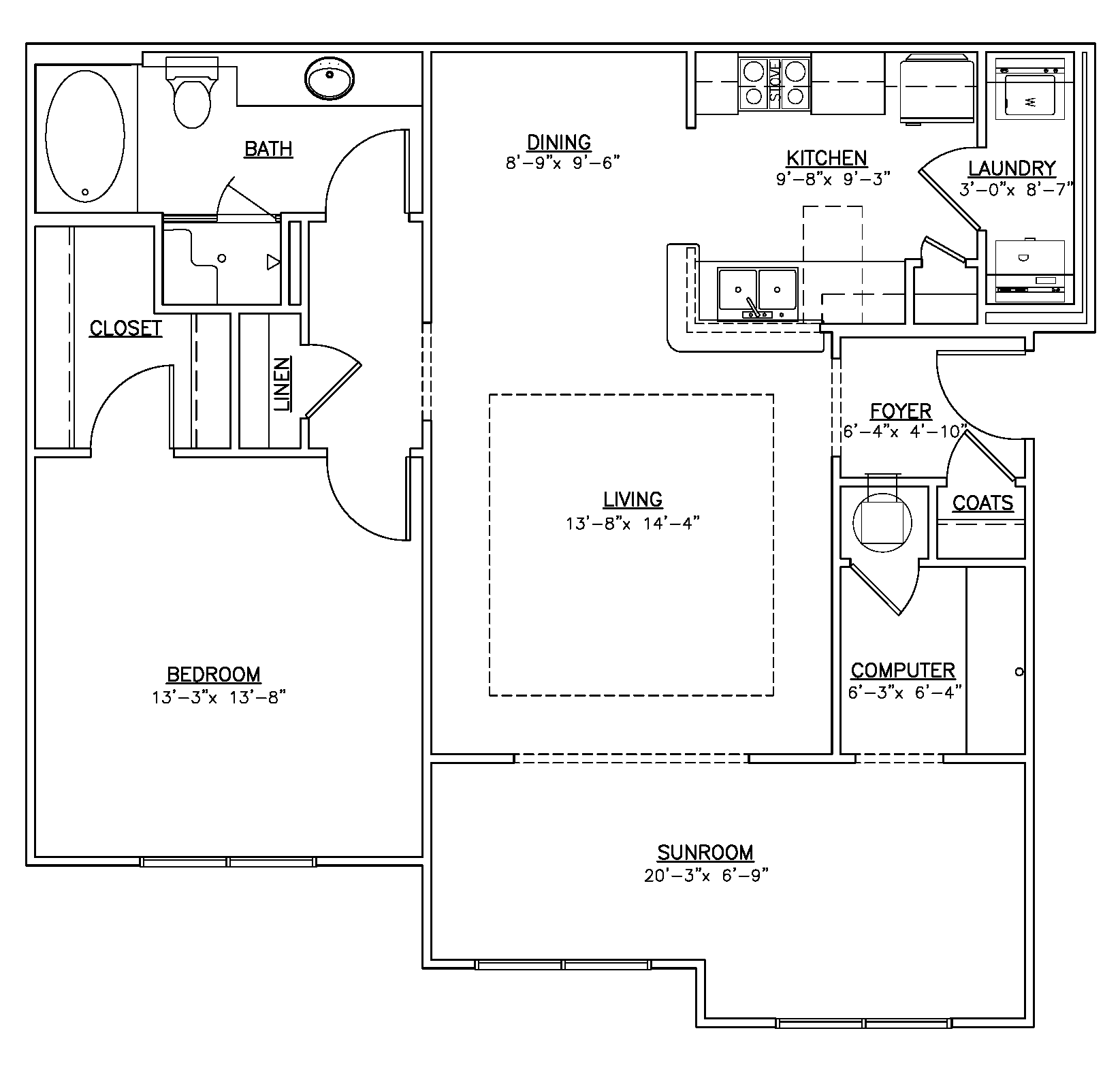 Floor plan for 1 bed, 1 bath, 1075 sqft